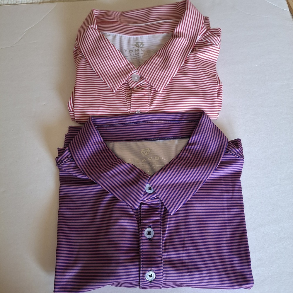 Tomwol Set 2 Shirts Mens Large Striped Golf Polo Purple Red Stretch Performance